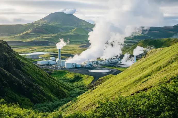 Geothermal power plant illustrating the energy transition and low carbon energy