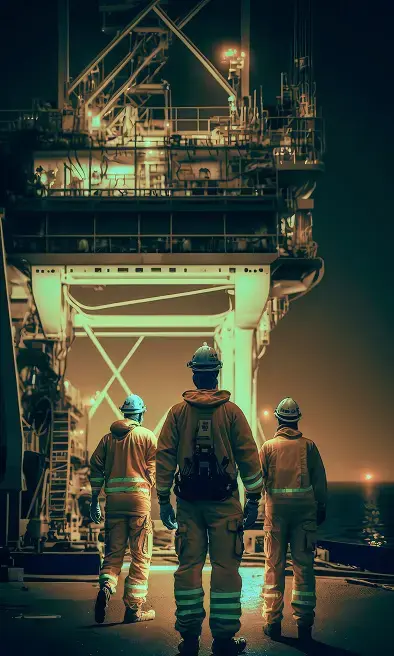 Crew operating on a drilling platform and applying safety procedures in the oil and gas industry