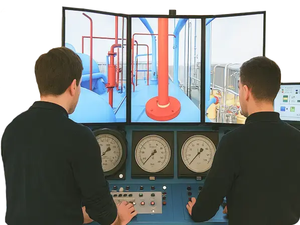 Learners using an immersive industrial simulator to practice technical procedures and manage situations in a safe environment