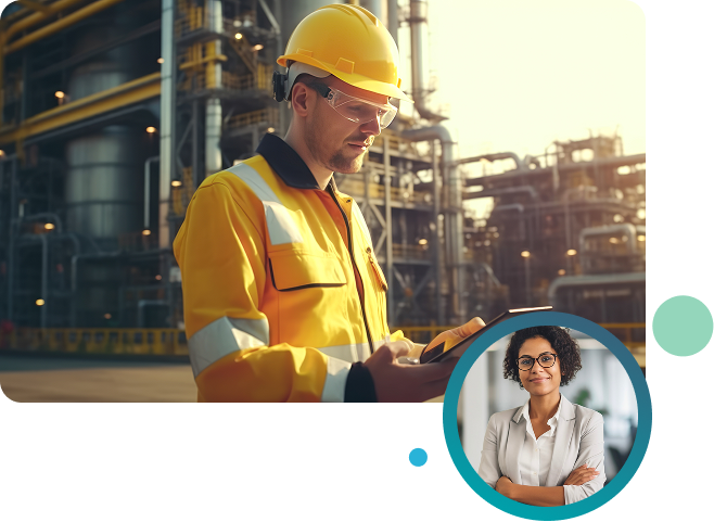 Industrial technician in training using a tablet on site with infrastructure in the background