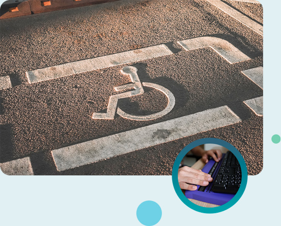 Accessibility and inclusion illustration featuring a disabled parking space and a person using an adapted keyboard