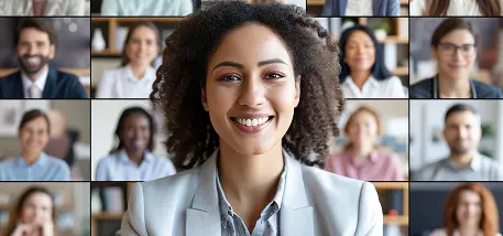 A smiling person participates in a video conference with several participants displayed on screen