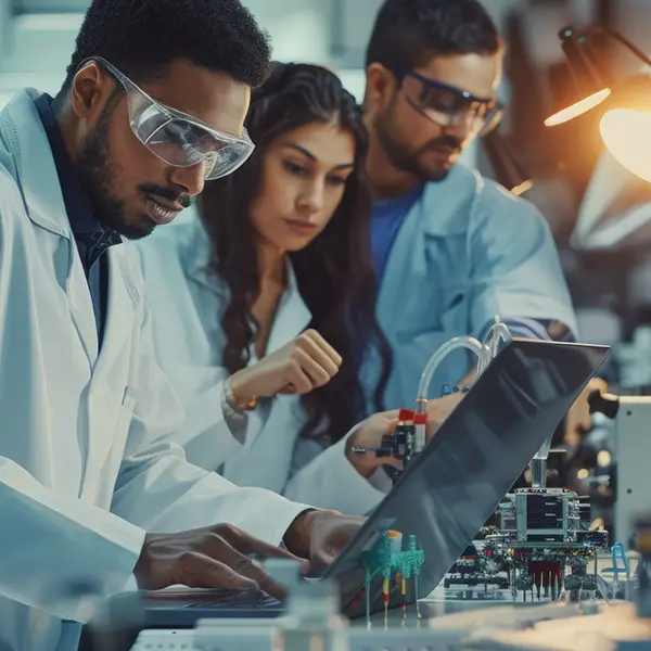 Apprentices in technical training working on a hands-on laboratory project