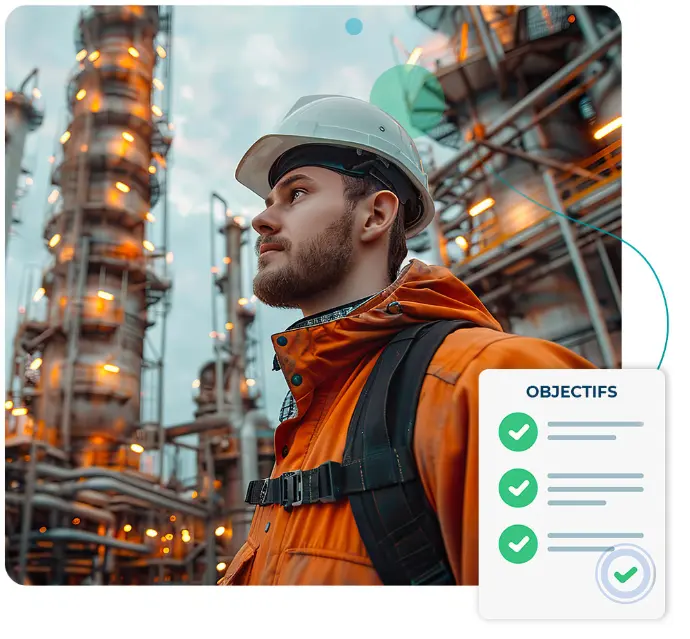 Industrial operator wearing safety equipment in front of a chemical or energy production facility