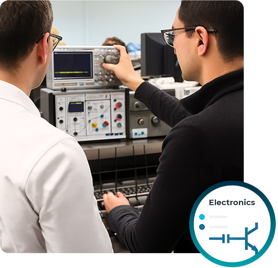 Learners working with electronic equipment and measurement instruments in an electrical machines and power electronics laboratory