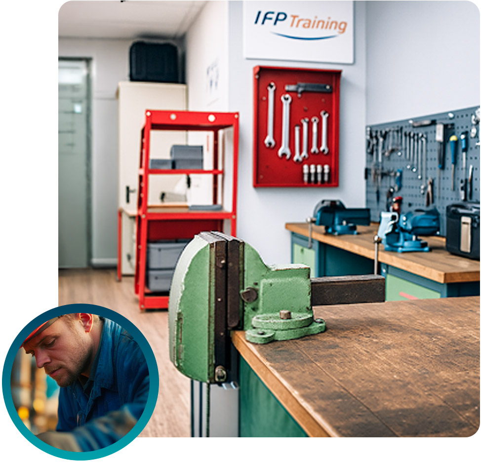 Technical training workshop equipped with tools and industrial equipment dedicated to mechanical and maintenance learning