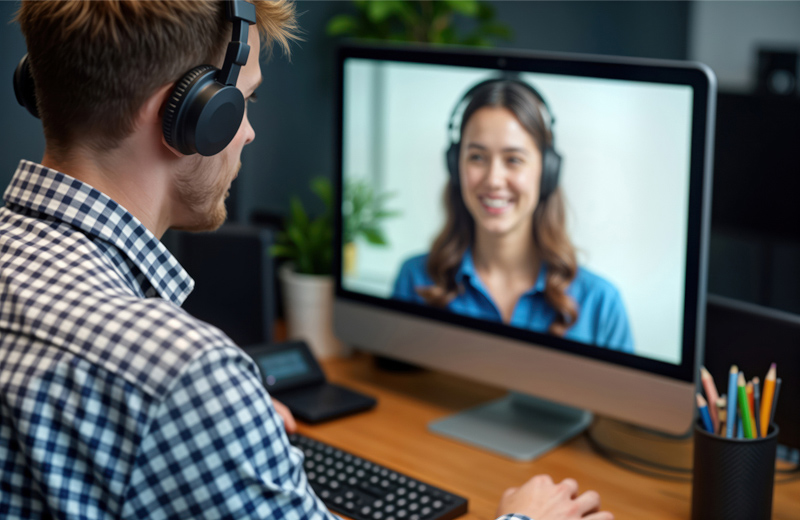 Person attending an online training session on a computer through a live video conference with an instructor