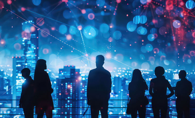 Illustration du blended learning avec des silhouettes professionnelles et un univers numérique symbolisant la combinaison des formations en présentiel et en ligne