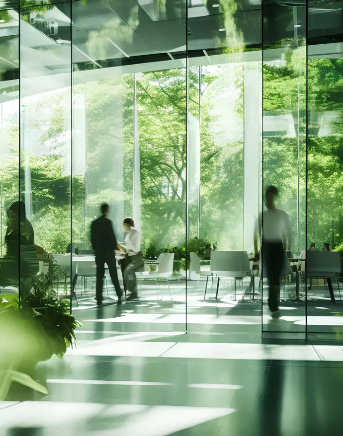 Illustration of a bright professional environment with employees in a glass office, representing the company’s commitments to quality, diversity, safety, and inclusion