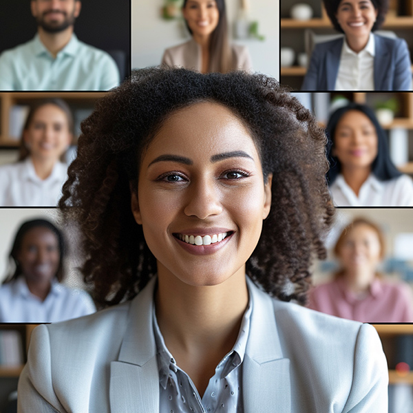 Illustration of competency-based management featuring a professional woman in a video conference with a connected remote team
