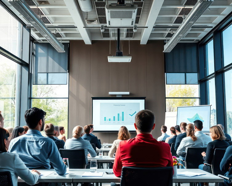Modern training room hosting learners during a learning session in an environment designed to support collaboration and skill development