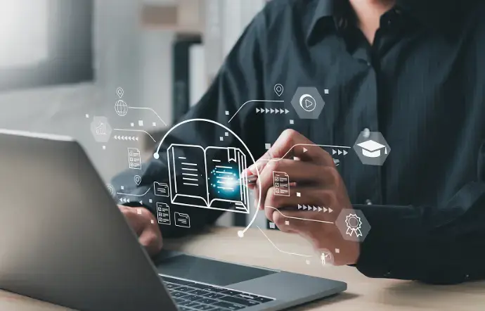 Illustration of digital learning with a person using a laptop and online interfaces related to e-learning and blended learning