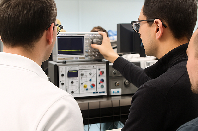 Learners using technical equipment and measurement instruments in a practical and technology-focused training environment