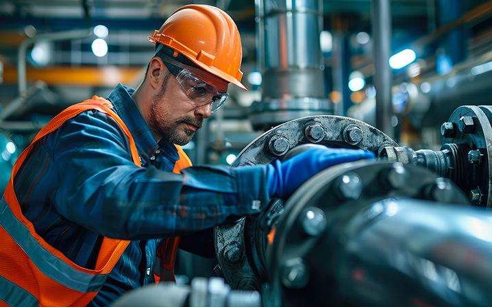 Technician wearing safety equipment working on industrial installations in conditions close to real operational environments