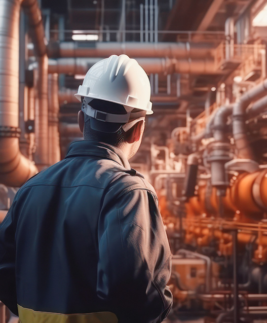 Industrial operator monitoring a production facility in a chemical and energy environment